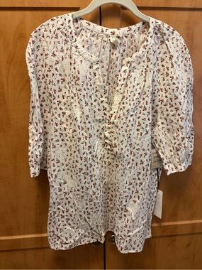 Women’s Floral Peasant Blouse - White with Red Print